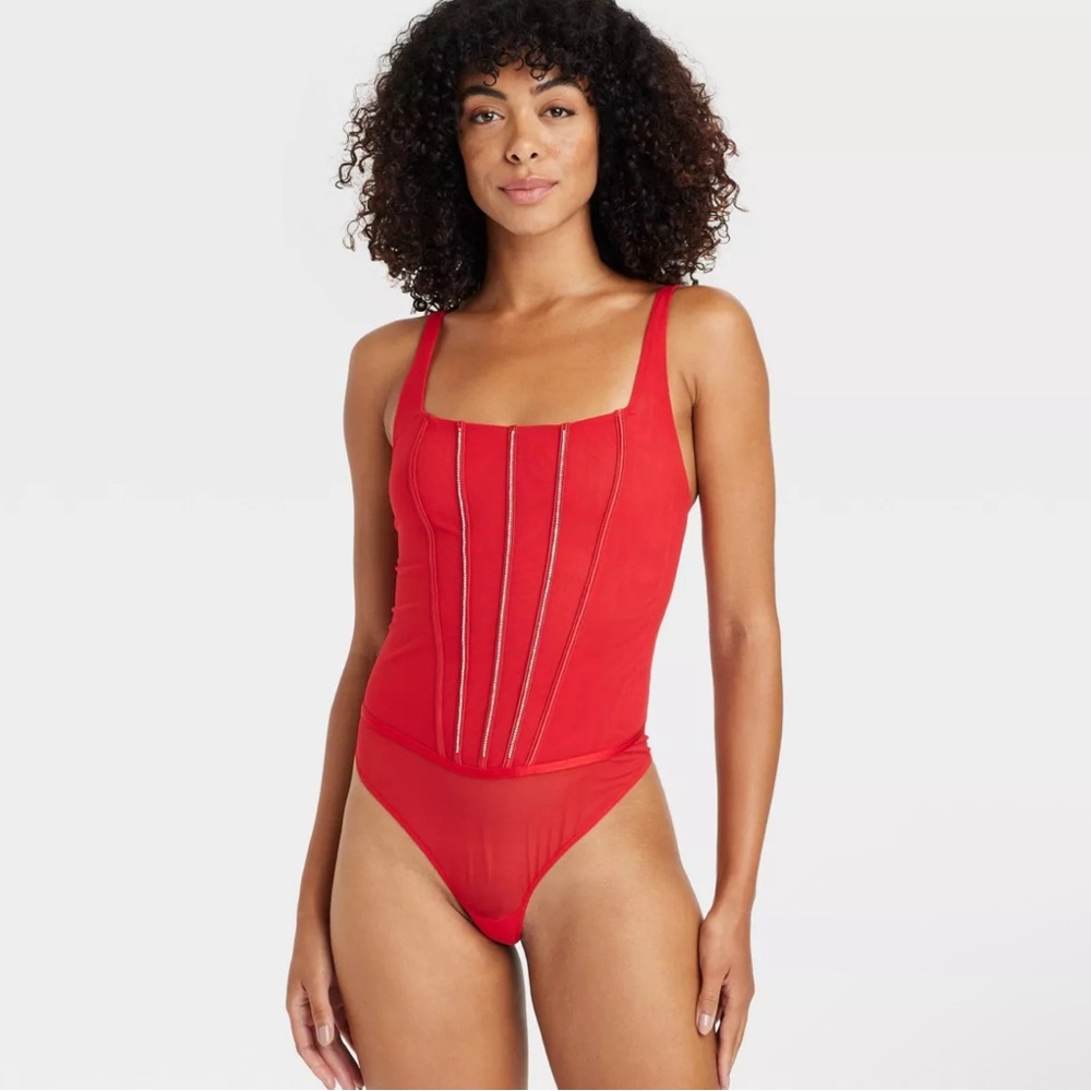 Auden Red Bodysuit, silver sparkle, tank, size L.